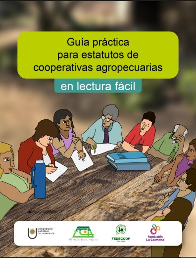 Ilustración de un grupo de personas reunidas alrededor de una mesa, leyendo y trabajando con documentos. La imagen presenta la “Guía práctica para estatutos de cooperativas agropecuarias en lectura fácil”.